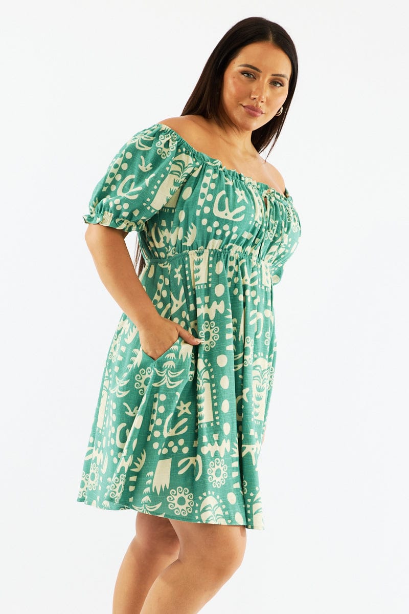 Green Abstract Tie Front Linen Blend Minidress With Pockets for YouandAll Fashion