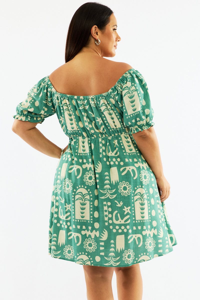 Green Abstract Tie Front Linen Blend Minidress With Pockets for YouandAll Fashion