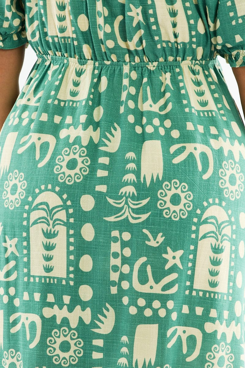 Green Abstract Tie Front Linen Blend Minidress With Pockets for YouandAll Fashion