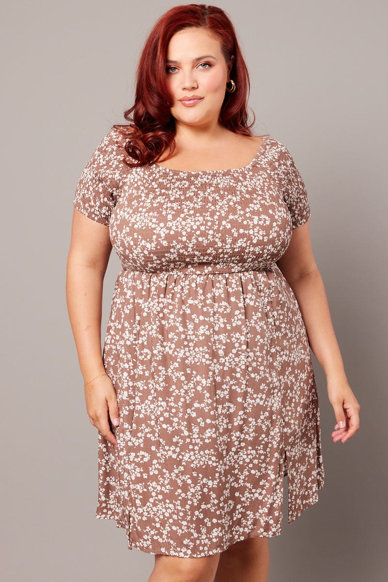 Brown Ditsy Shirred Bodice And Sleeve Minidress | You & All Brown Ditsy Shirred Bodice And Sleeve Minidress | You & All