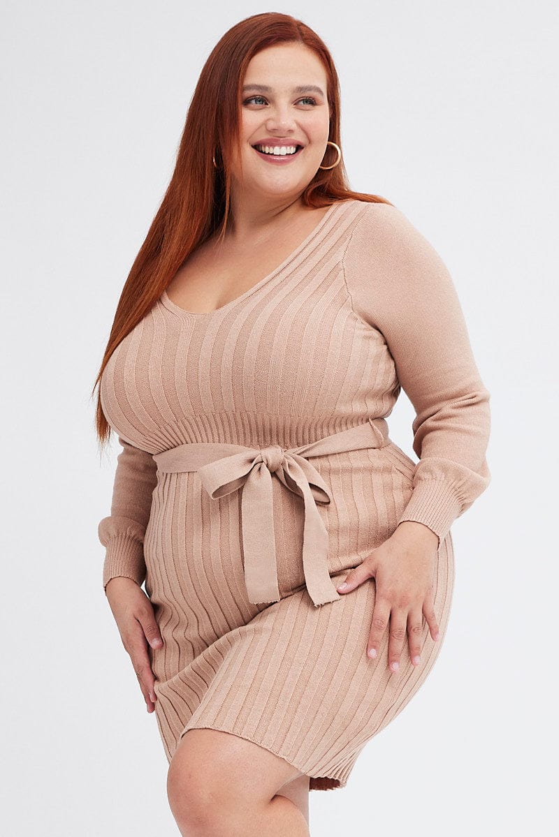 Beige Knit Dress Long Sleeve Wide Rib Belted | You & All Beige Knit Dress Long Sleeve Wide Rib Belted | You & All