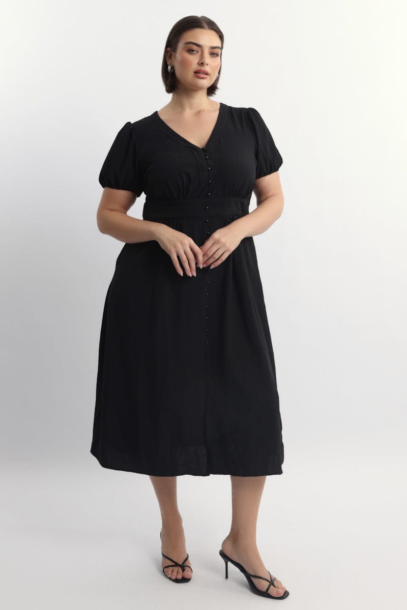 Black Midi Dress Short Sleeve V-Neck Textured for YouandAll Fashion