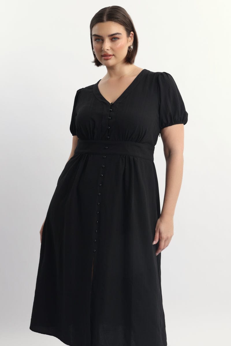 Black Midi Dress Short Sleeve V-Neck Textured for YouandAll Fashion