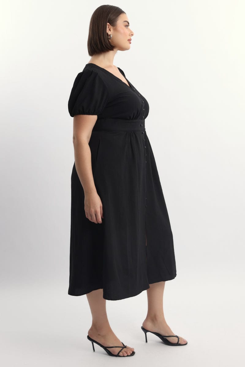 Black Midi Dress Short Sleeve V-Neck Textured for YouandAll Fashion