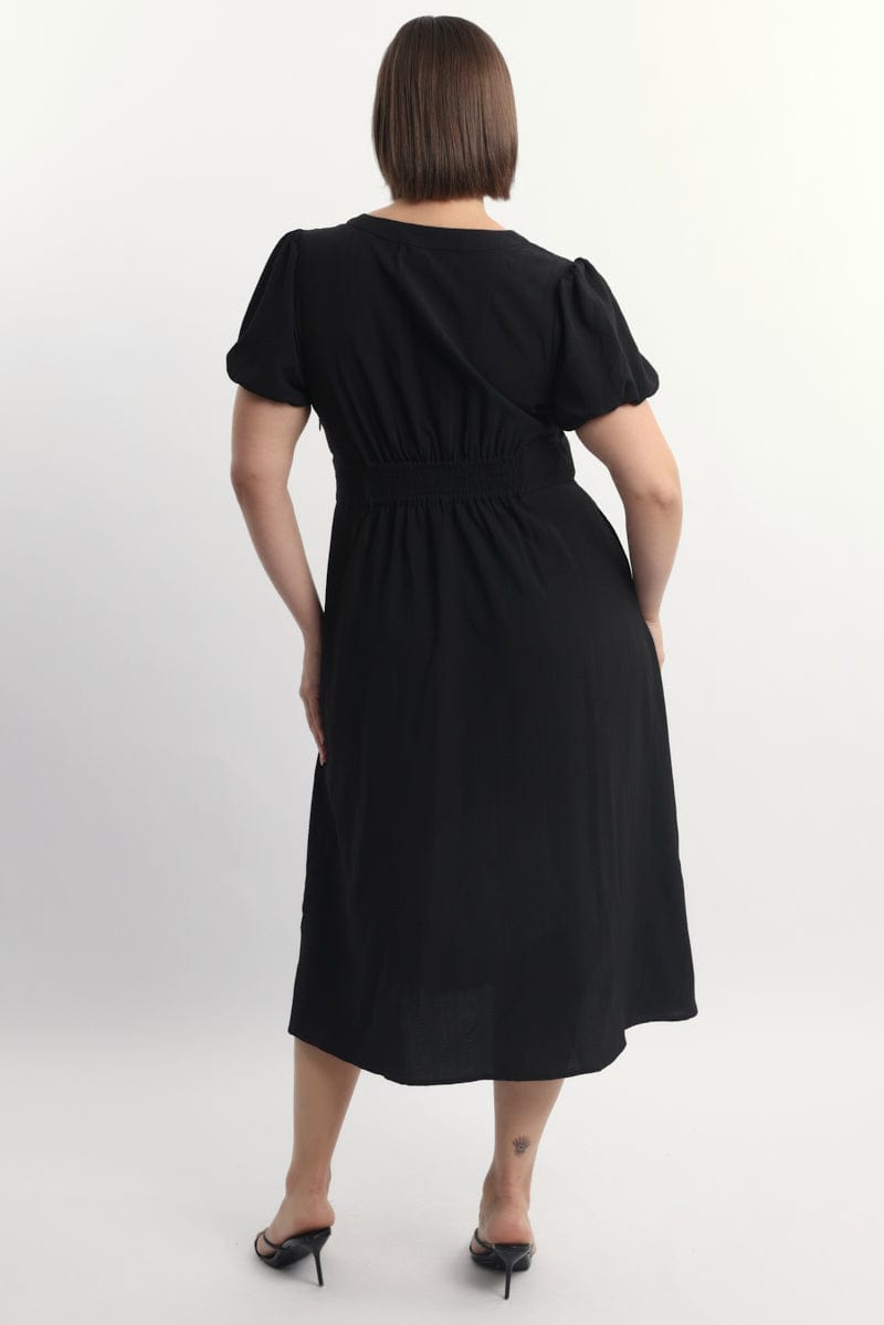 Black Midi Dress Short Sleeve V-Neck Textured for YouandAll Fashion