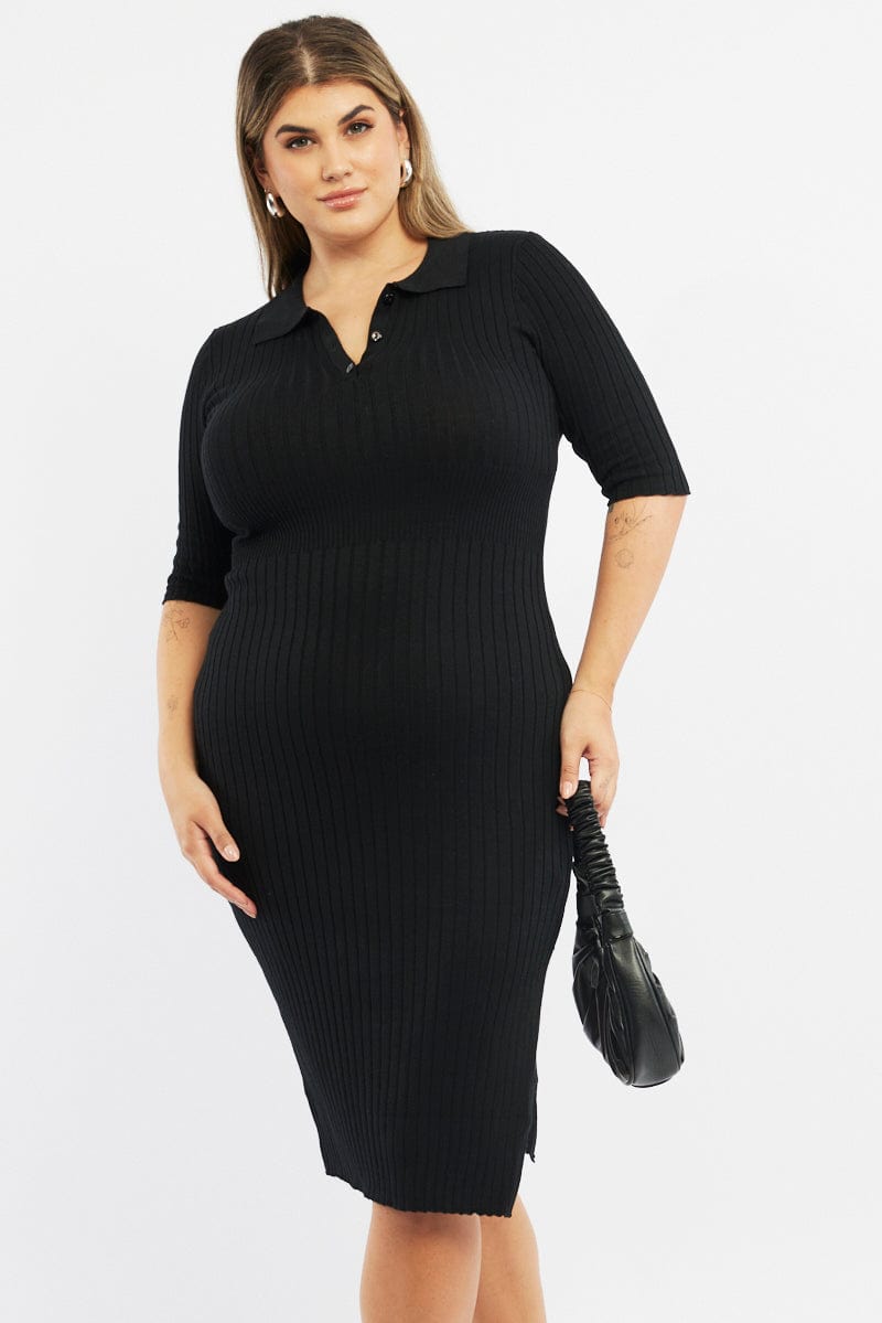 Black Bodycon Dress Rib Knit Collared Midi | You & All Black Bodycon Dress Rib Knit Collared Midi | You & All