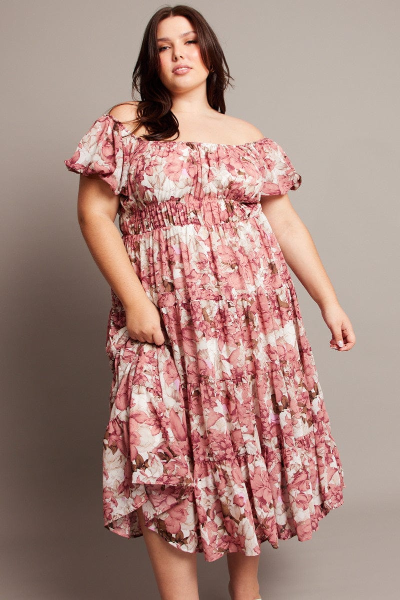 Pink Floral Midi Dress Short Sleeve Ruched You All - Main Image