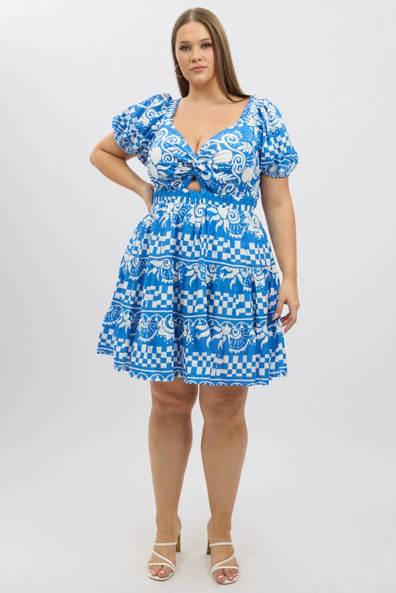 Blue Abstract Twist Front Puff Sleeve Elastic Waist Minidress for YouandAll Fashion