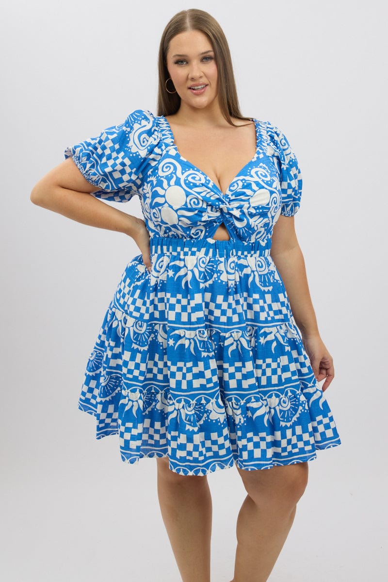 Blue Abstract Twist Front Puff Sleeve Elastic Waist Minidress for YouandAll Fashion