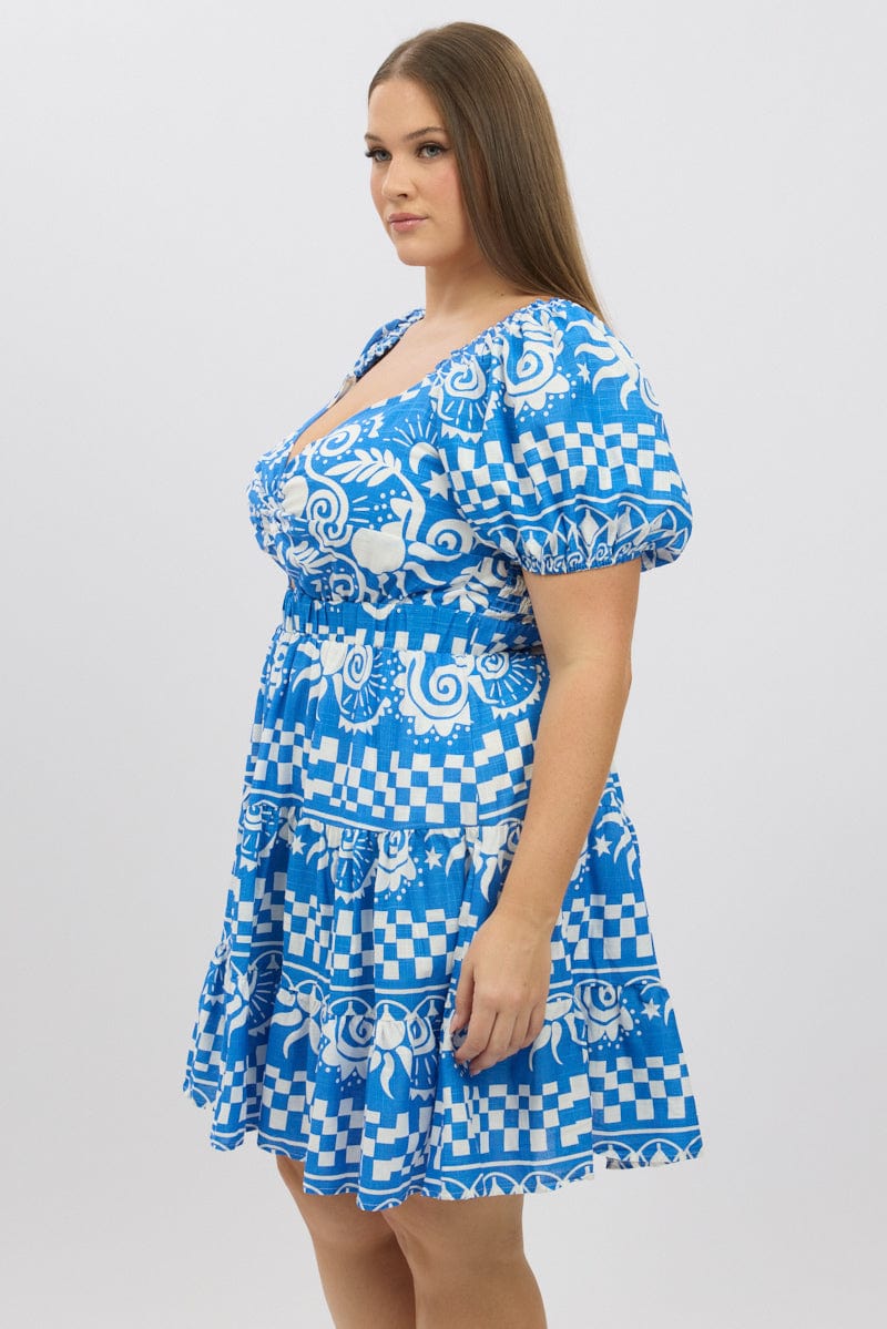 Blue Abstract Twist Front Puff Sleeve Elastic Waist Minidress for YouandAll Fashion