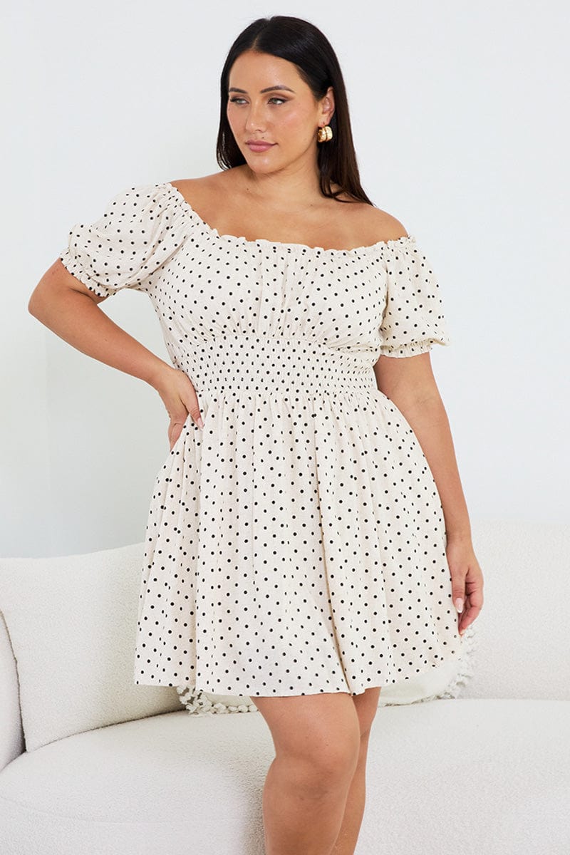 Beige Polka Dot Shirred Waist Linen Blend Minidress | You & All Beige Polka Dot Shirred Waist Linen Blend Minidress | You & All