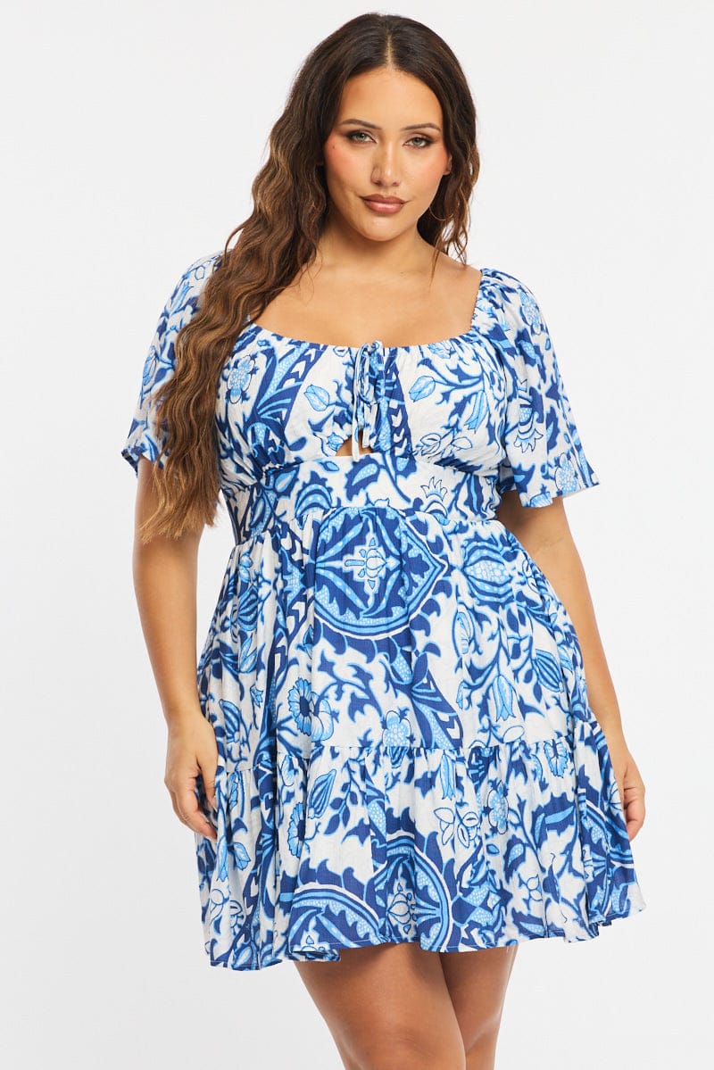 Blue Abstract Skater Dress Short Sleeve Cut Out | You & All