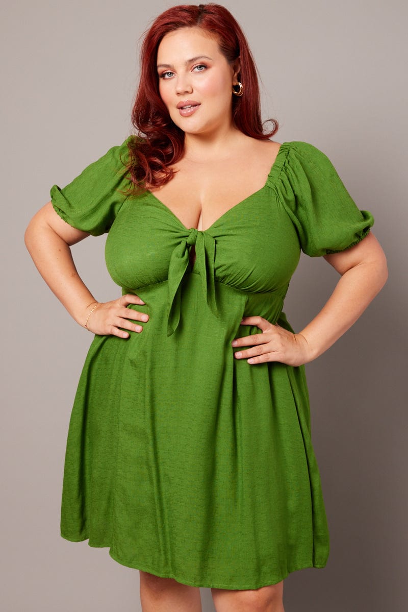 Green Tie Front Shirred Back Minidress | You & All Green Tie Front Shirred Back Minidress | You & All