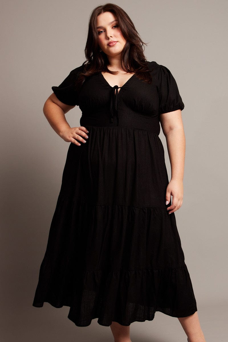 Black Midi Dress Short Sleeve Linen Blend | You & All Black Midi Dress Short Sleeve Linen Blend | You & All