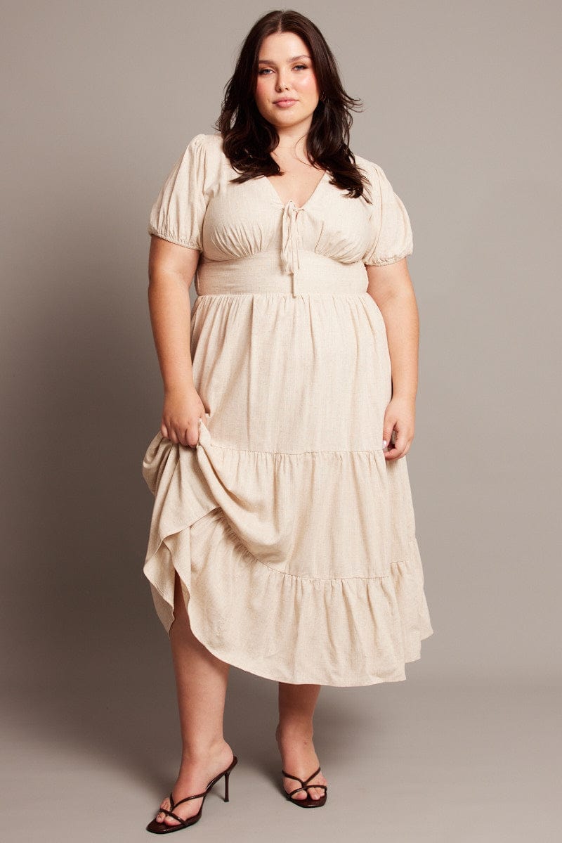 Beige Midi Dress Short Sleeve Linen Blend You All