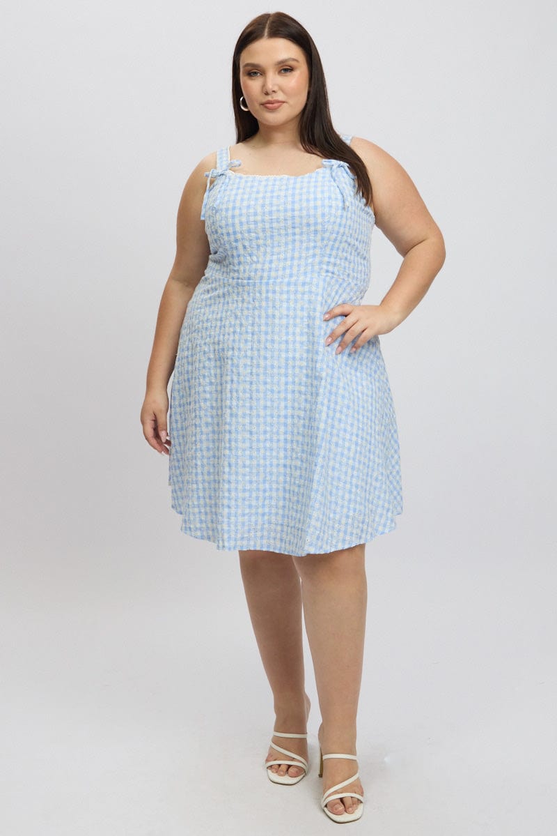 Blue Check Gingham Embroidered Mini Dress | You & All Blue Check Gingham Embroidered Mini Dress | You & All
