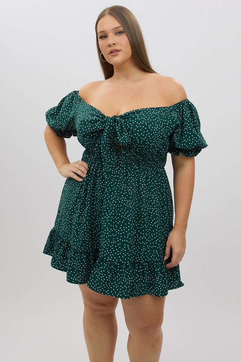 Green Polka Dot Tie Front Shirred Waist Frill Minidress for YouandAll Fashion