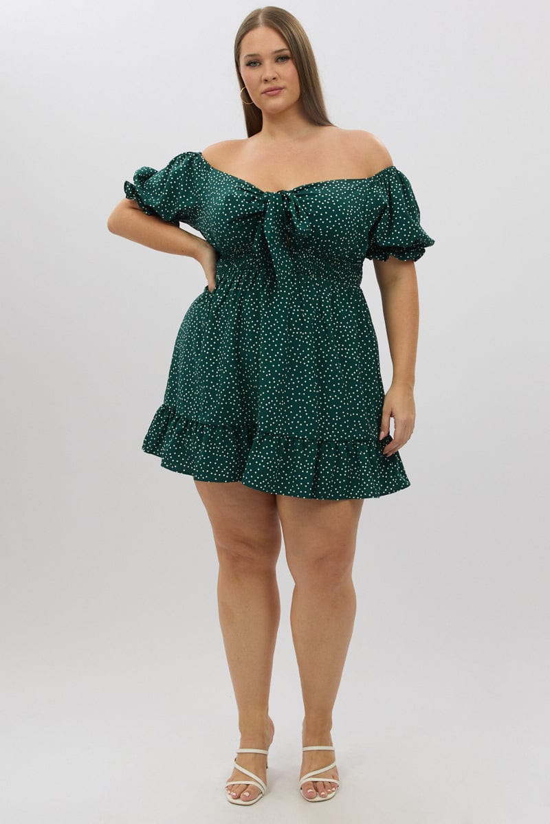 Green Polka Dot Tie Front Shirred Waist Frill Minidress for YouandAll Fashion