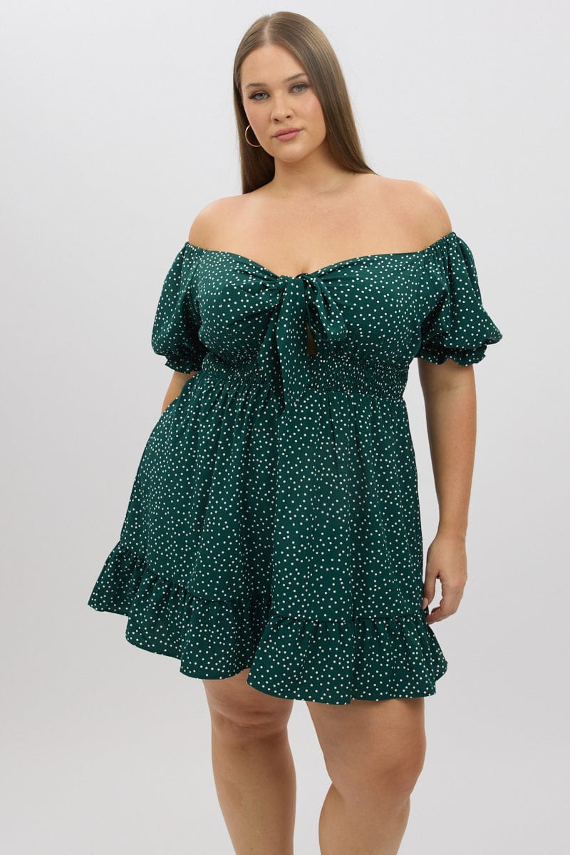 Green Polka Dot Tie Front Shirred Waist Frill Minidress for YouandAll Fashion