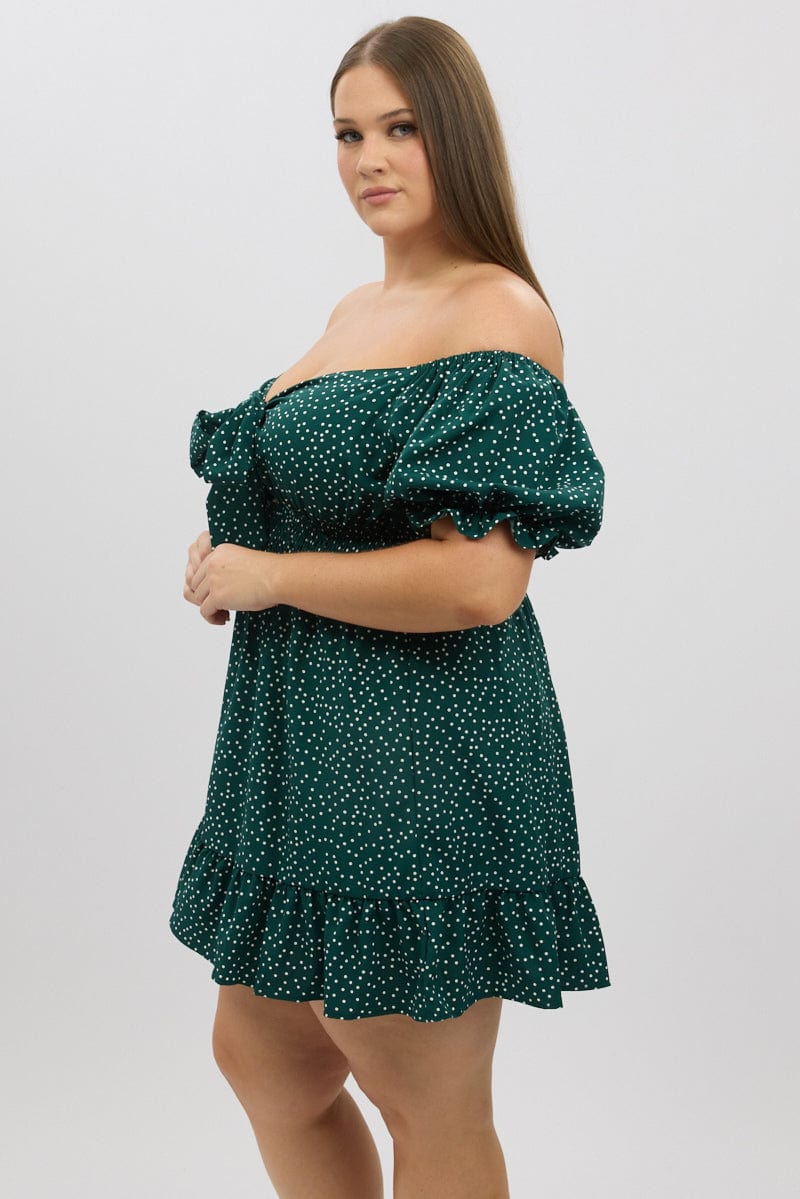 Green Polka Dot Tie Front Shirred Waist Frill Minidress for YouandAll Fashion