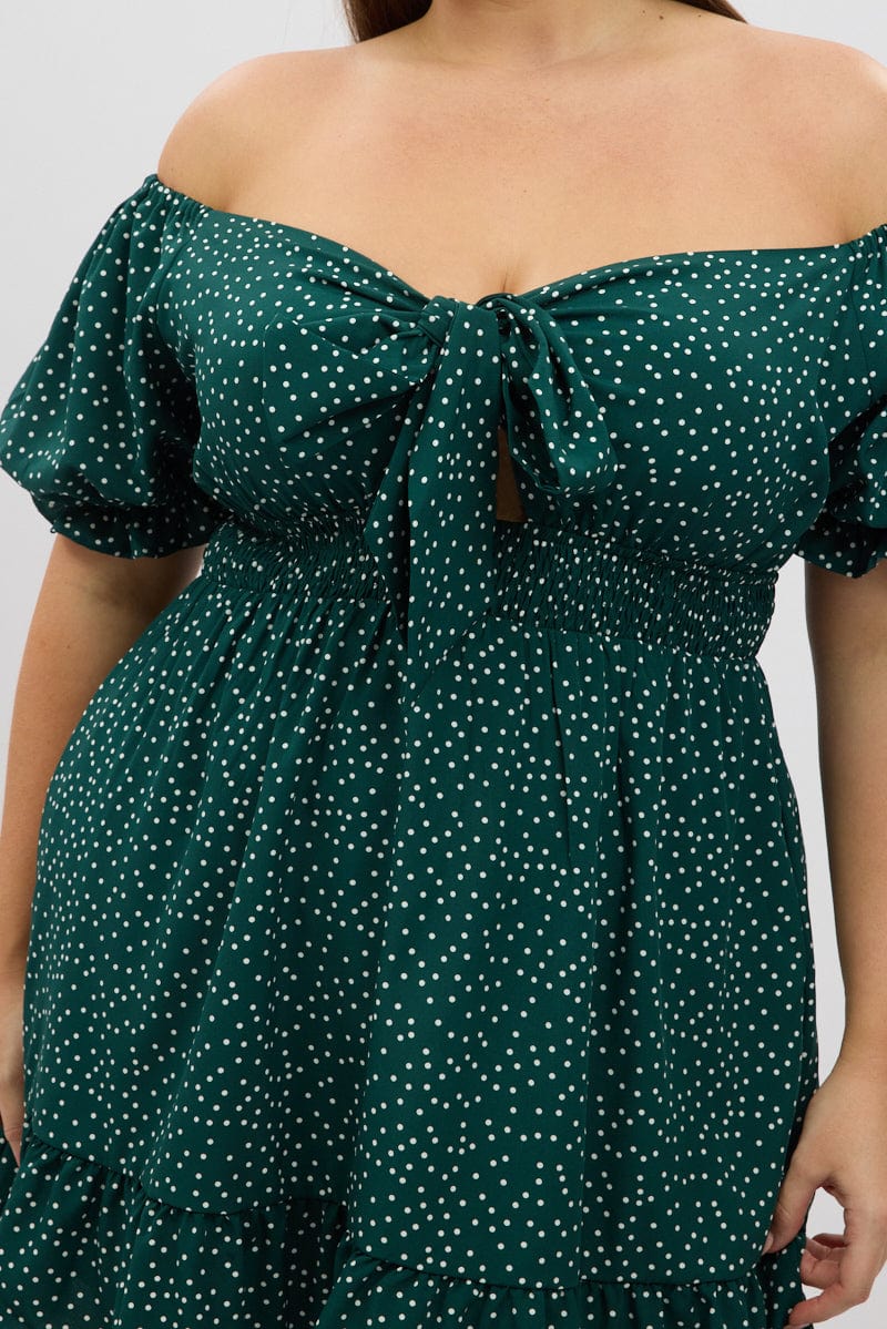 Green Polka Dot Tie Front Shirred Waist Frill Minidress for YouandAll Fashion