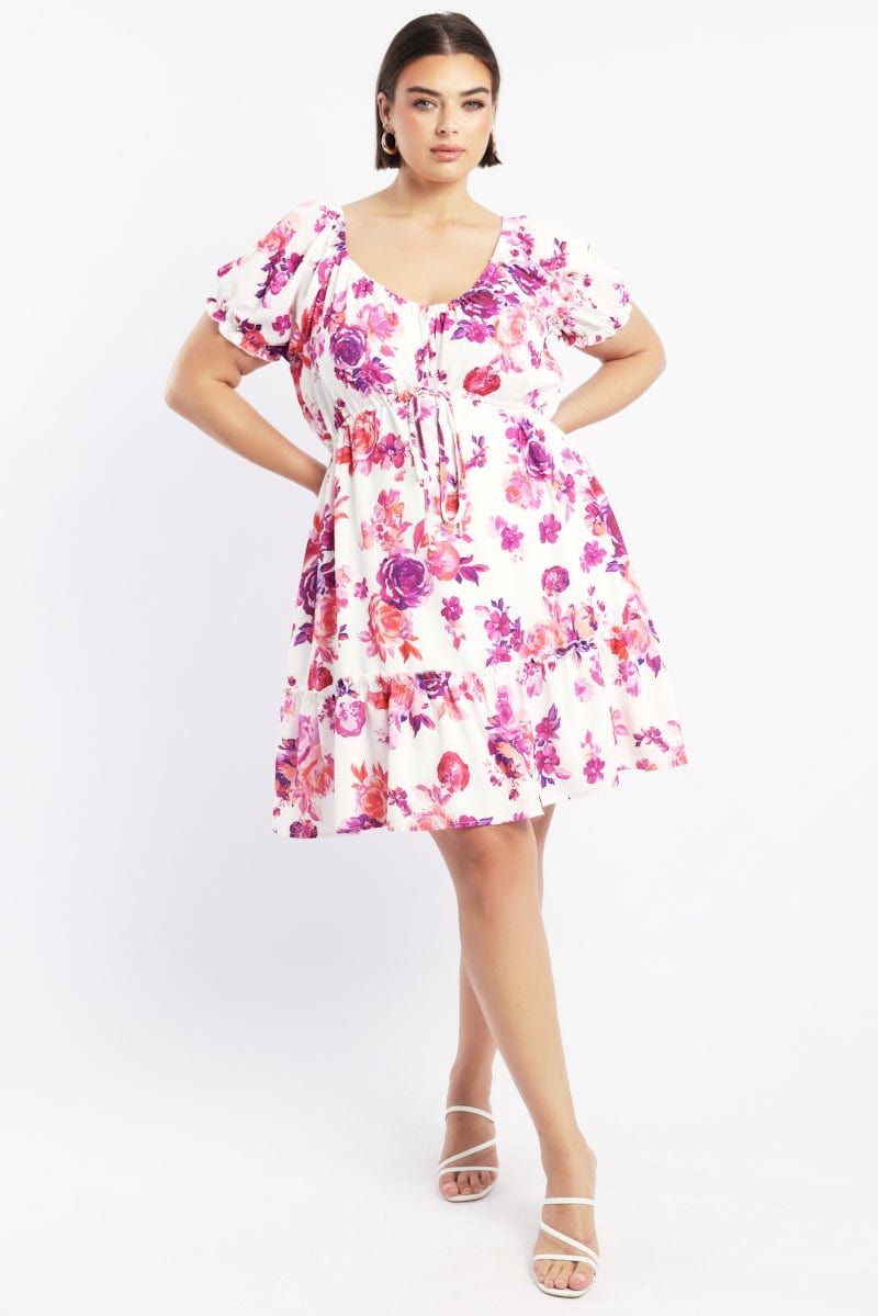 Pink Floral Frill Drawstring Bust Detail Mini Dress for YouandAll Fashion