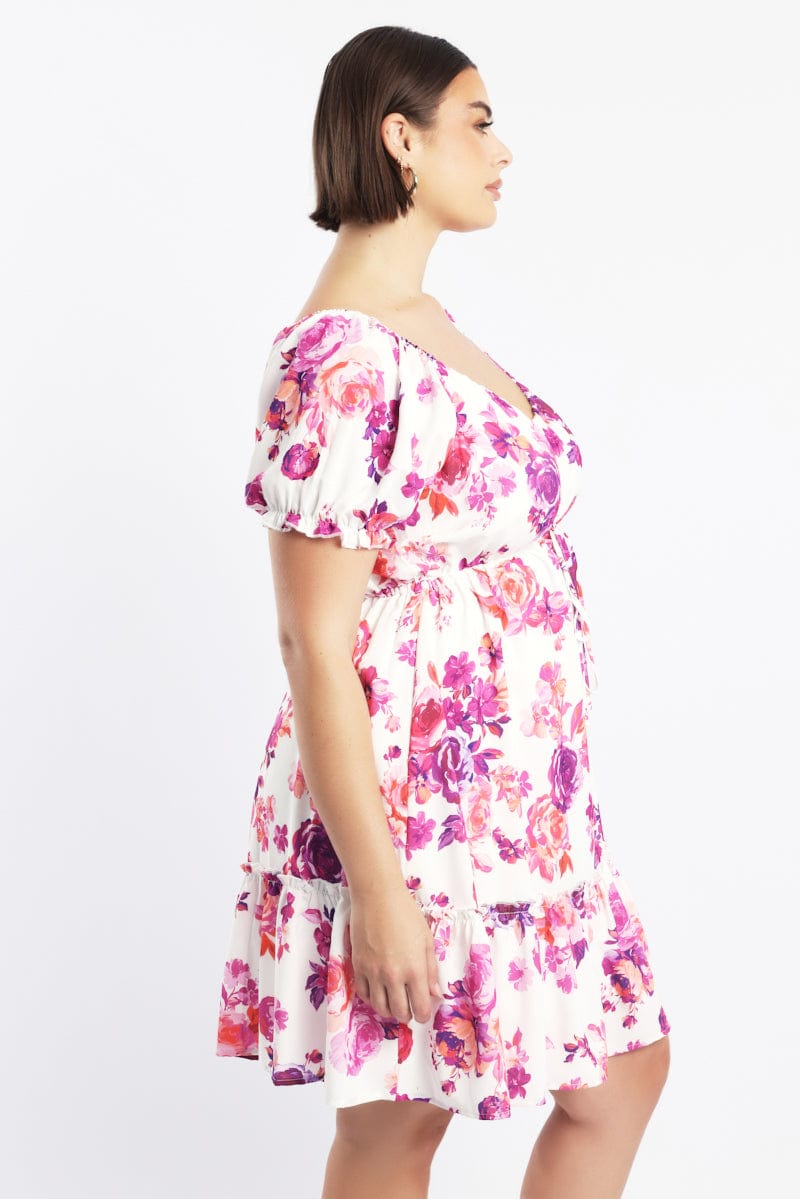 Pink Floral Frill Drawstring Bust Detail Mini Dress for YouandAll Fashion