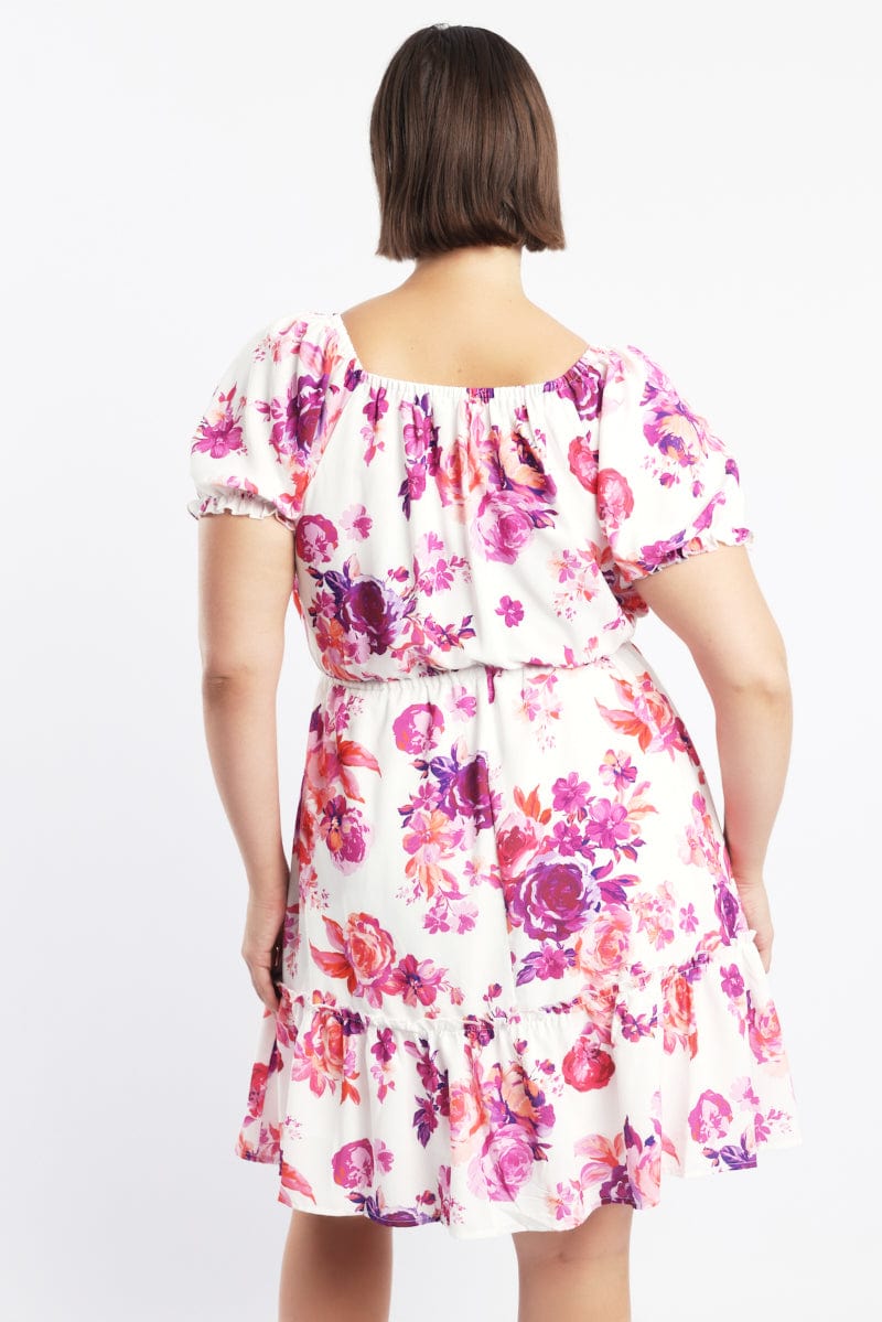 Pink Floral Frill Drawstring Bust Detail Mini Dress for YouandAll Fashion