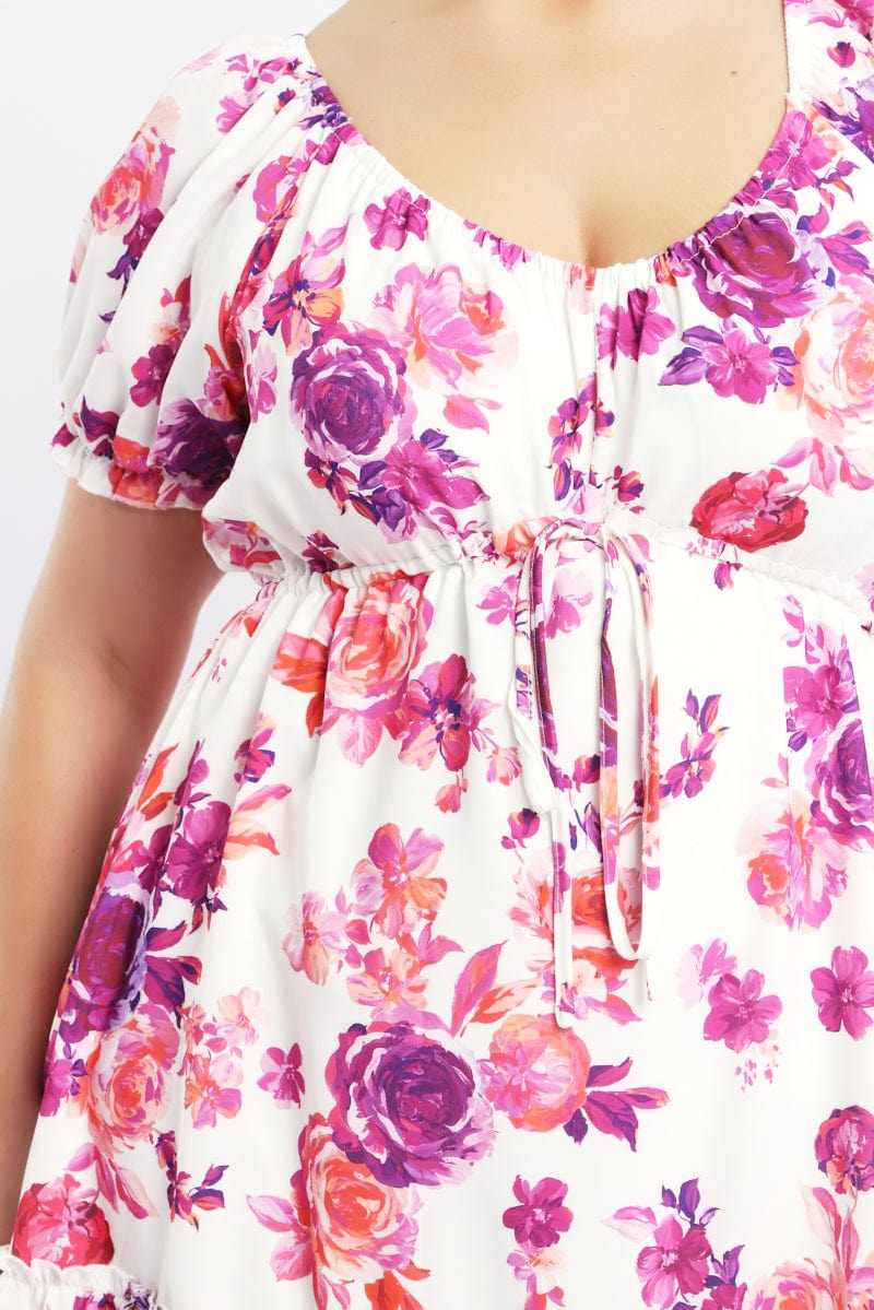 Pink Floral Frill Drawstring Bust Detail Mini Dress for YouandAll Fashion