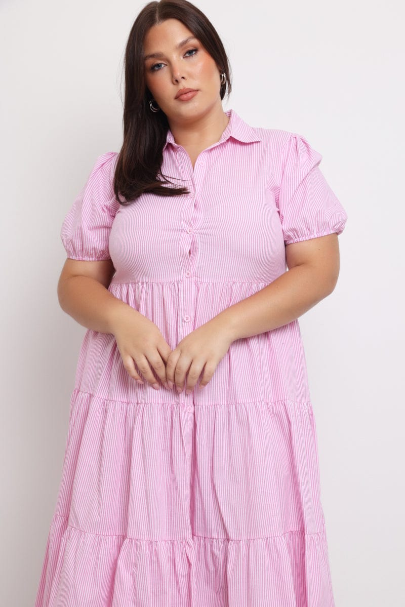 Pink Stripe Shirt Dress Short Sleeve Tiered for YouandAll Fashion