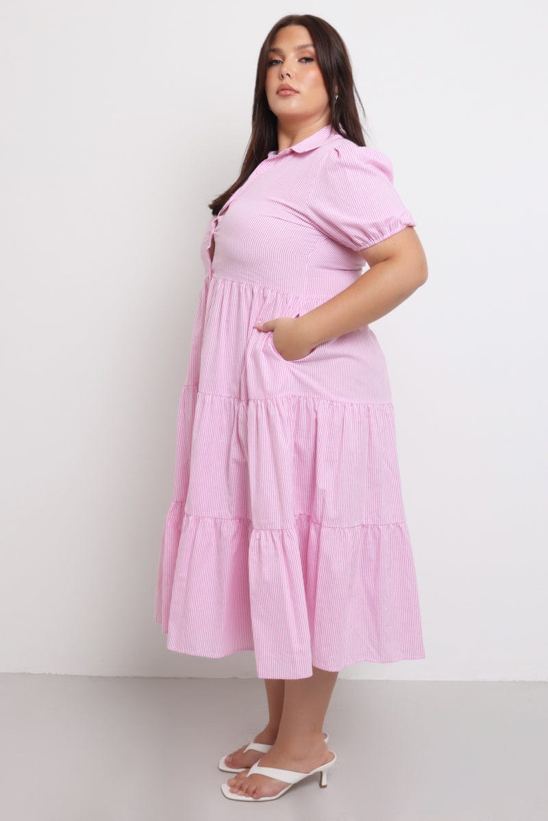 Pink Stripe Shirt Dress Short Sleeve Tiered for YouandAll Fashion