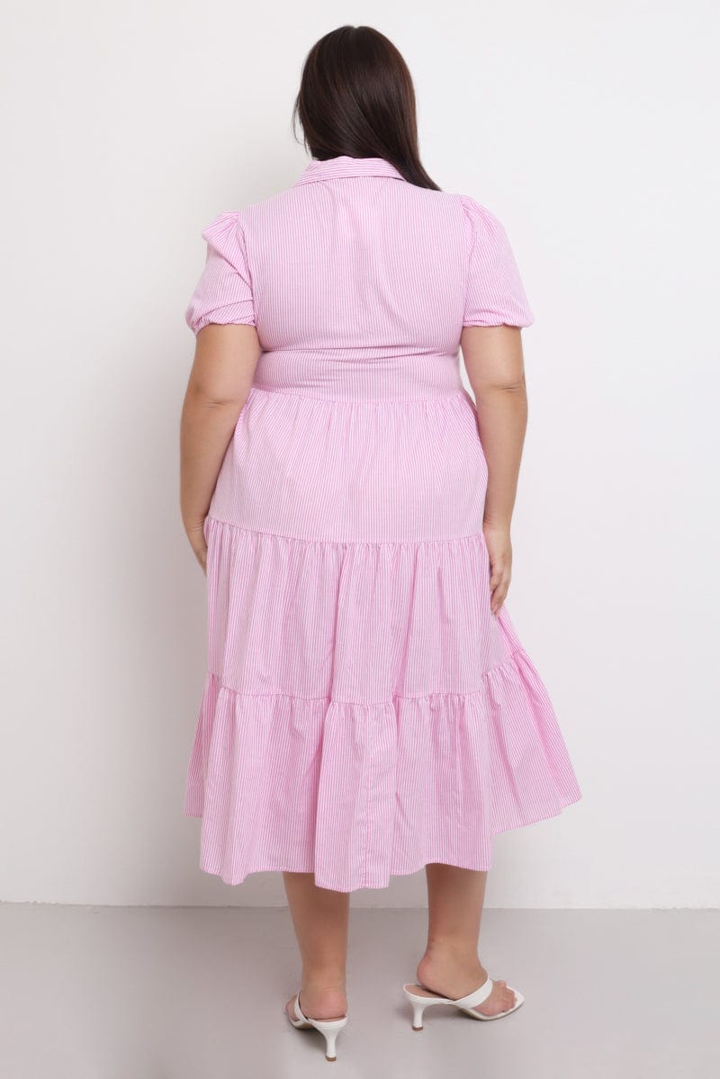 Pink Stripe Shirt Dress Short Sleeve Tiered for YouandAll Fashion