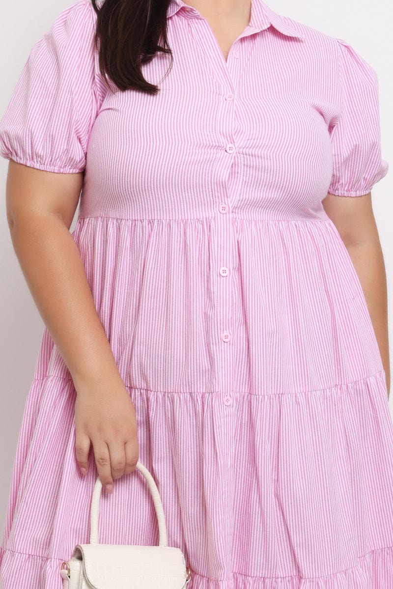 Pink Stripe Shirt Dress Short Sleeve Tiered for YouandAll Fashion