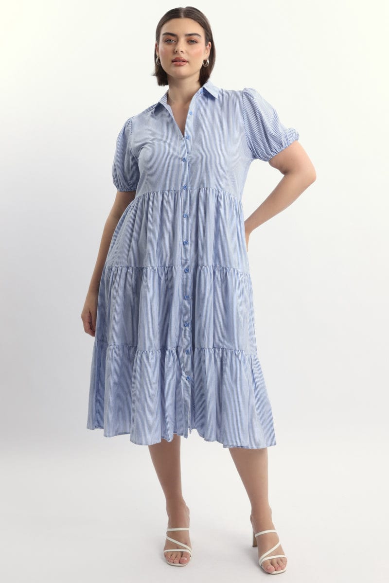 Blue Stripe Shirt Dress Short Sleeve Tiered for YouandAll Fashion