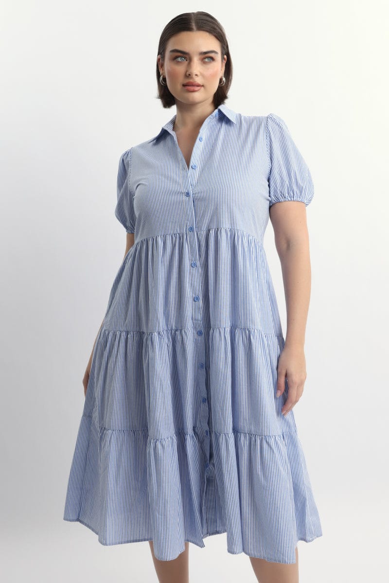 Blue Stripe Shirt Dress Short Sleeve Tiered for YouandAll Fashion
