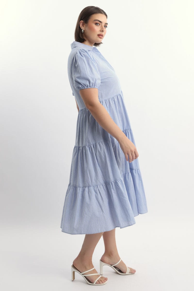 Blue Stripe Shirt Dress Short Sleeve Tiered for YouandAll Fashion