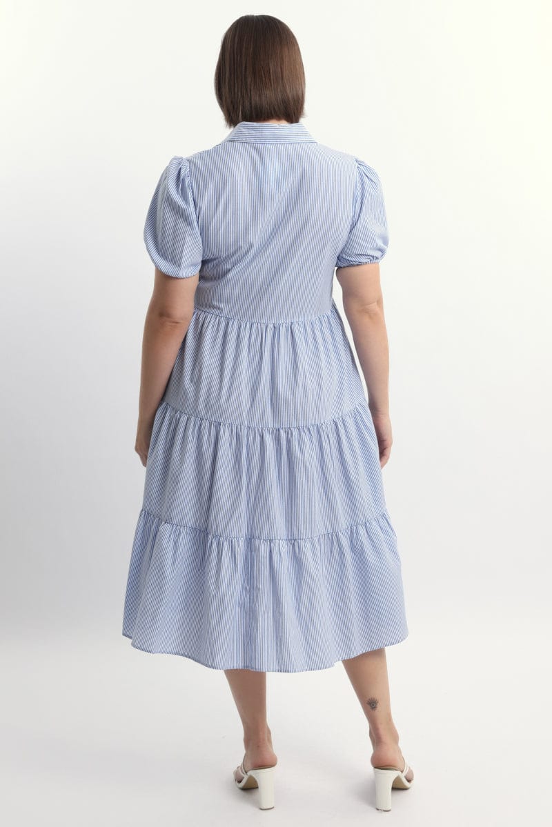 Blue Stripe Shirt Dress Short Sleeve Tiered for YouandAll Fashion