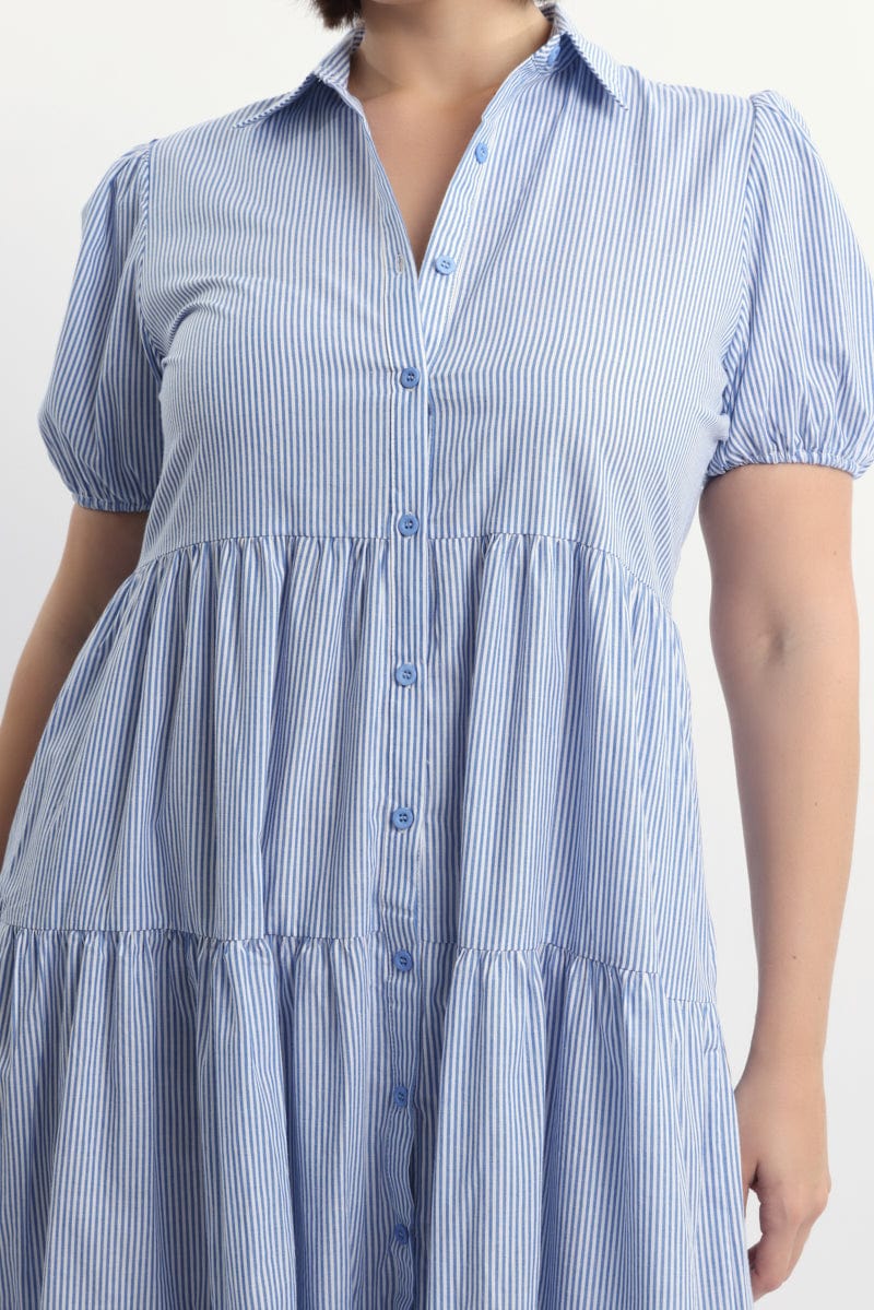 Blue Stripe Shirt Dress Short Sleeve Tiered for YouandAll Fashion