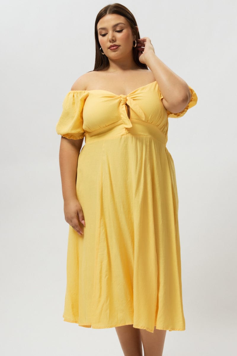 Yellow Midi Dress Short Sleeve Tie Front for YouandAll Fashion