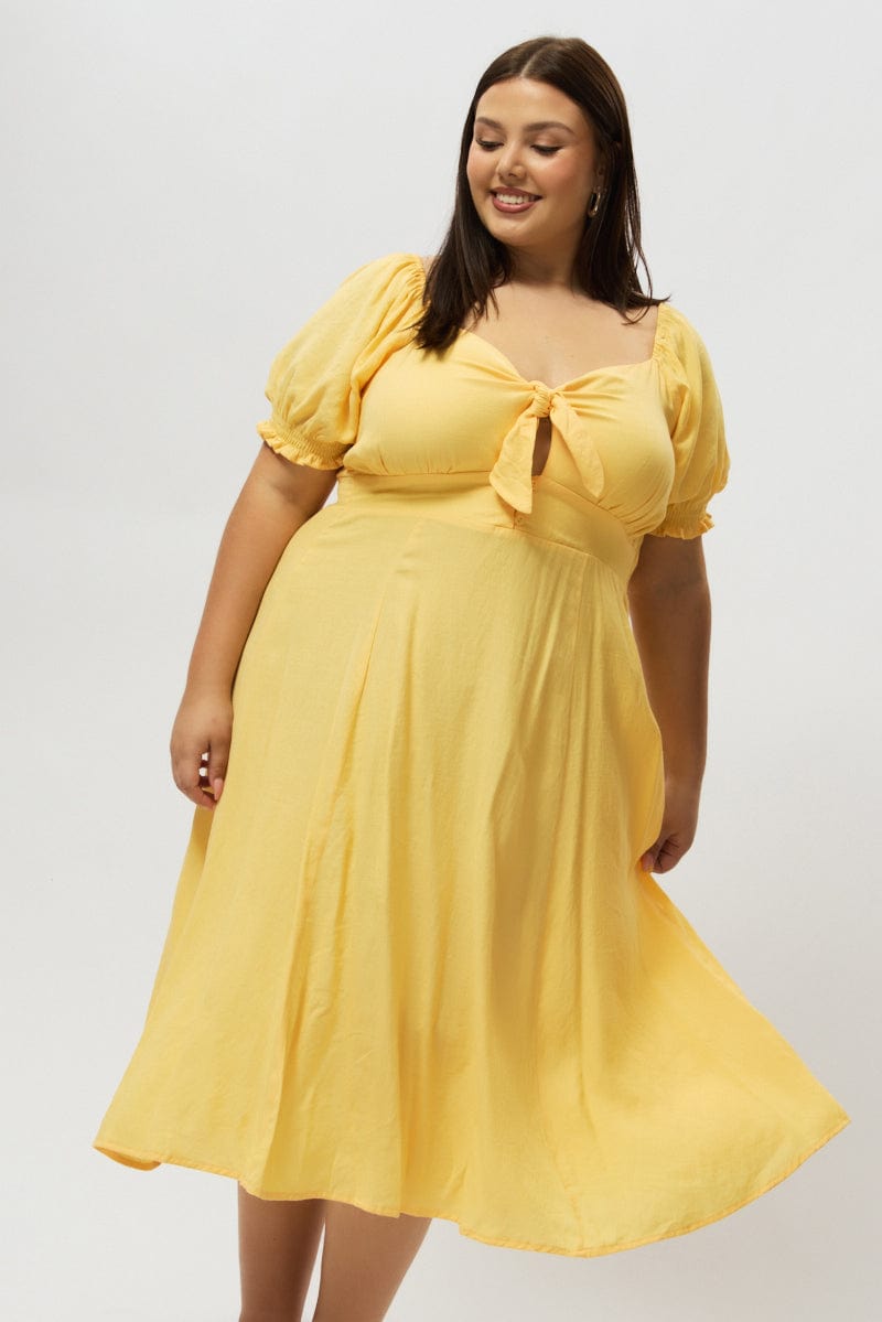 Yellow Midi Dress Short Sleeve Tie Front for YouandAll Fashion