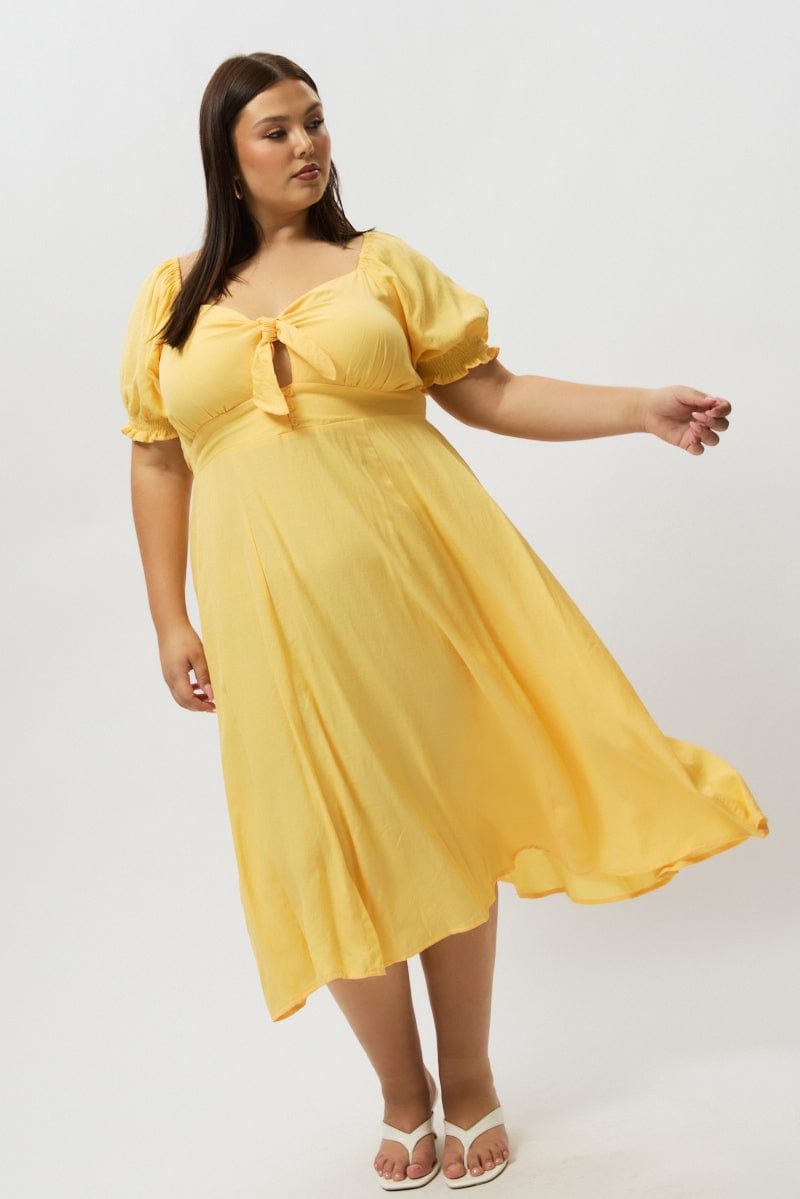 Yellow Midi Dress Short Sleeve Tie Front for YouandAll Fashion