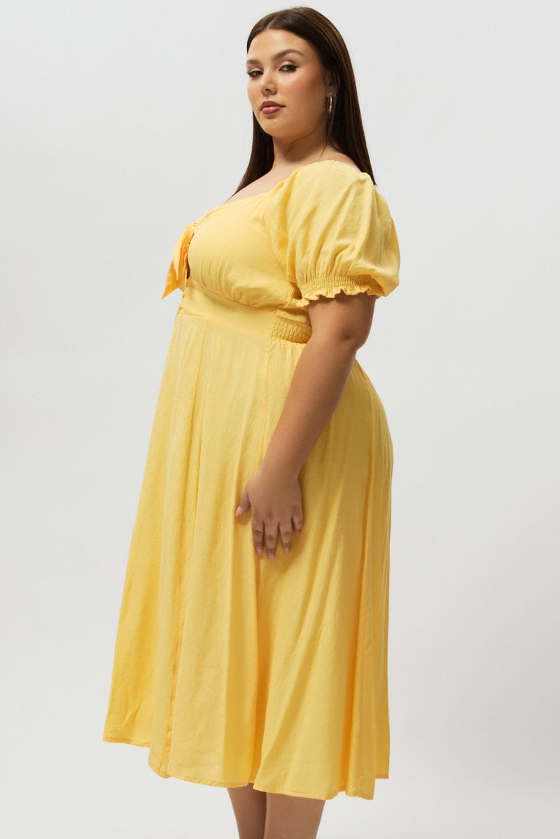 Yellow Midi Dress Short Sleeve Tie Front for YouandAll Fashion