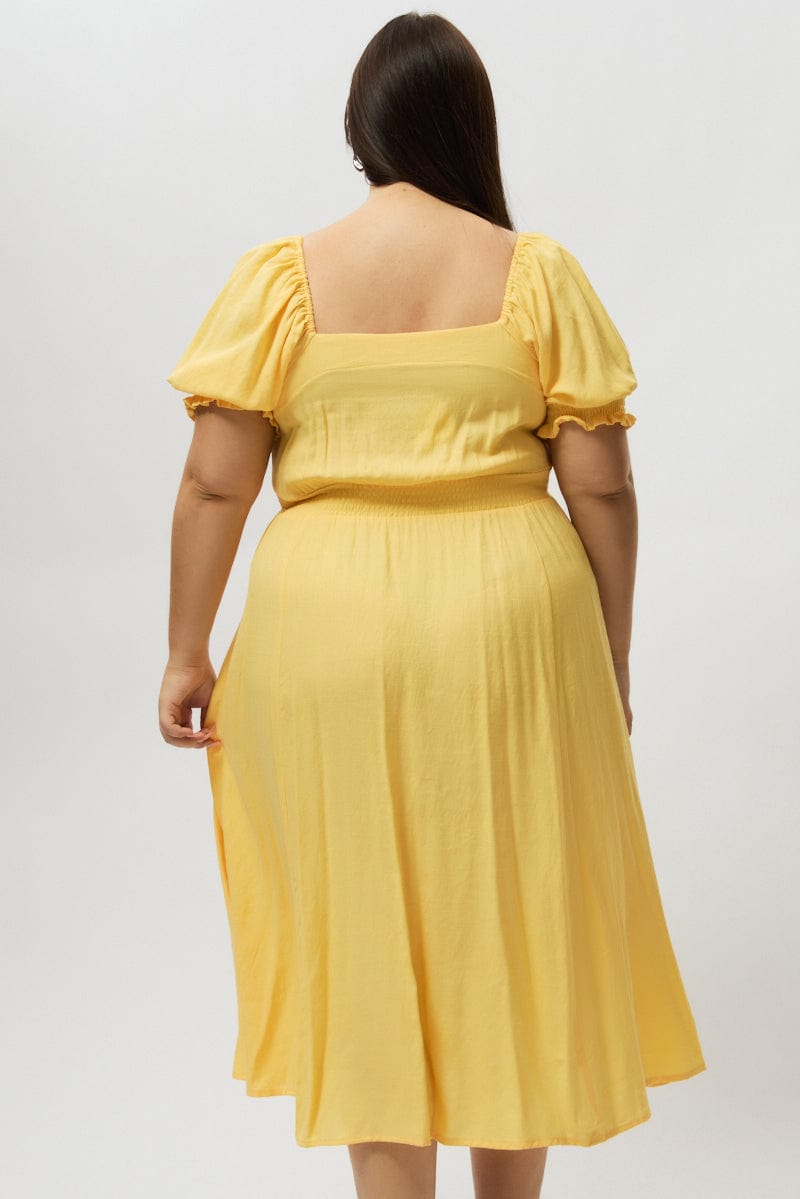 Yellow Midi Dress Short Sleeve Tie Front for YouandAll Fashion