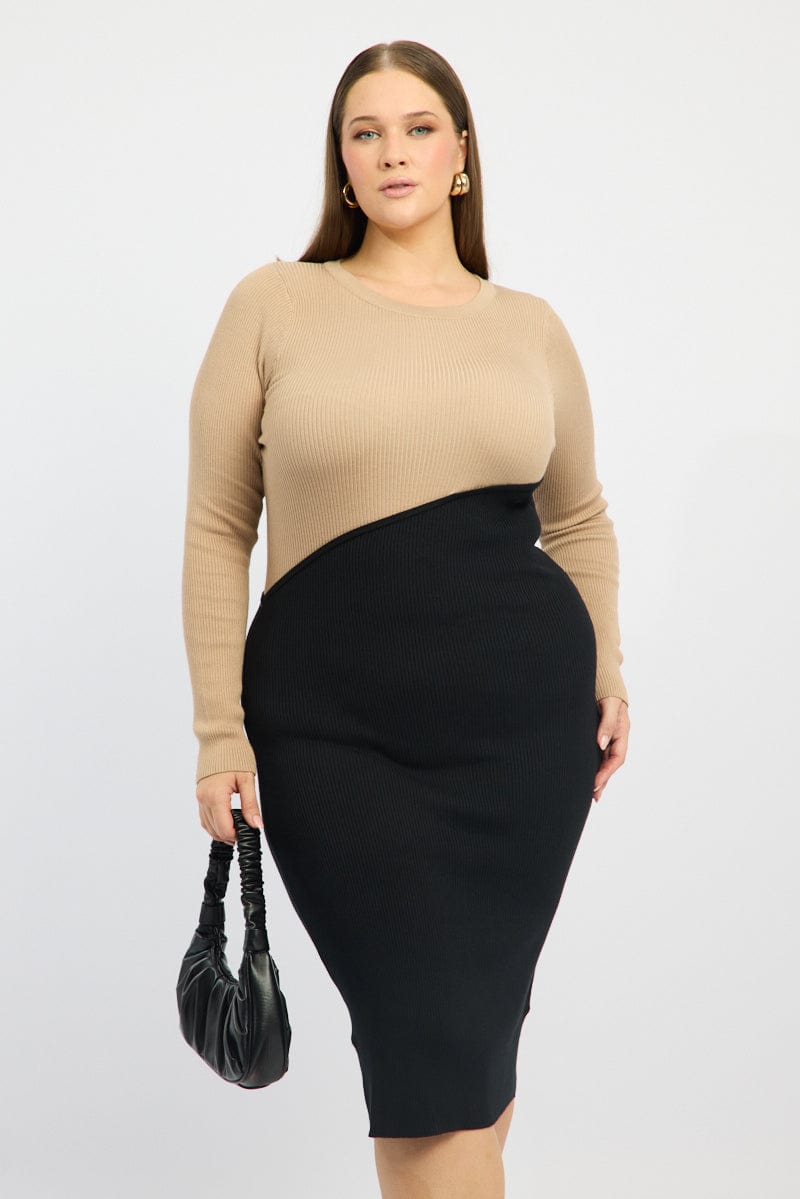 Beige Knit Dress Long Sleeve Color Block | You & All Beige Knit Dress Long Sleeve Color Block | You & All