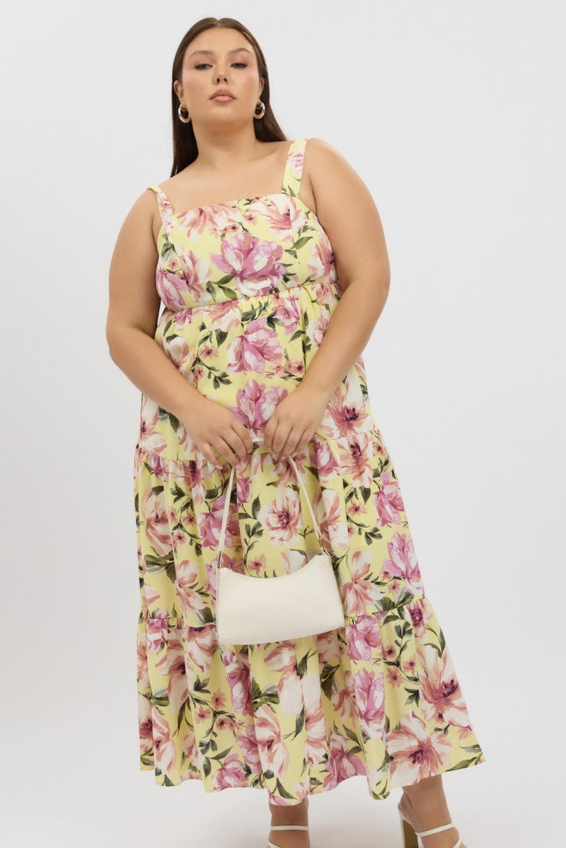Yellow Floral Maxi Dress Sleeveless Tiered for YouandAll Fashion