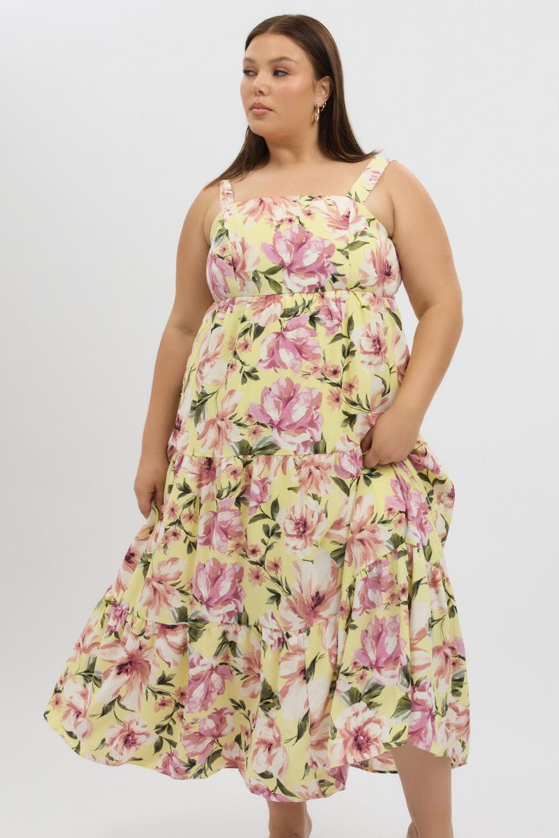 Yellow Floral Maxi Dress Sleeveless Tiered for YouandAll Fashion
