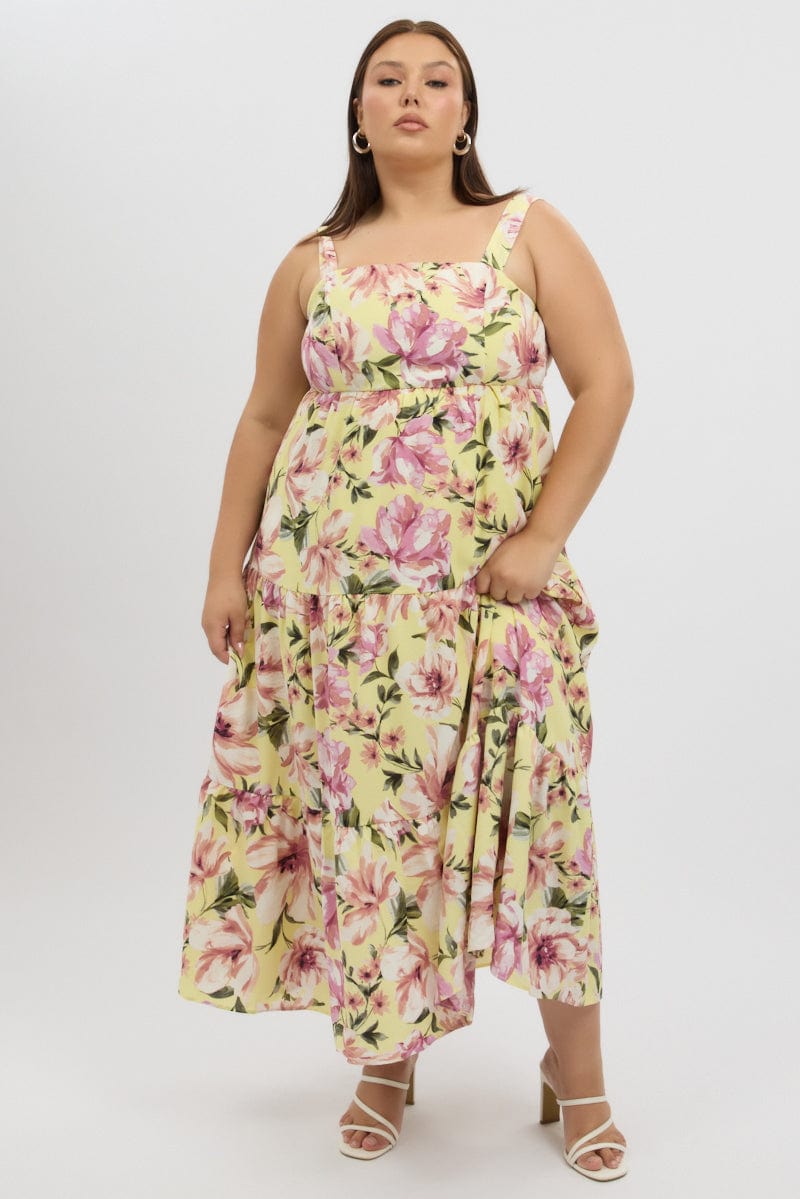 Yellow Floral Maxi Dress Sleeveless Tiered for YouandAll Fashion