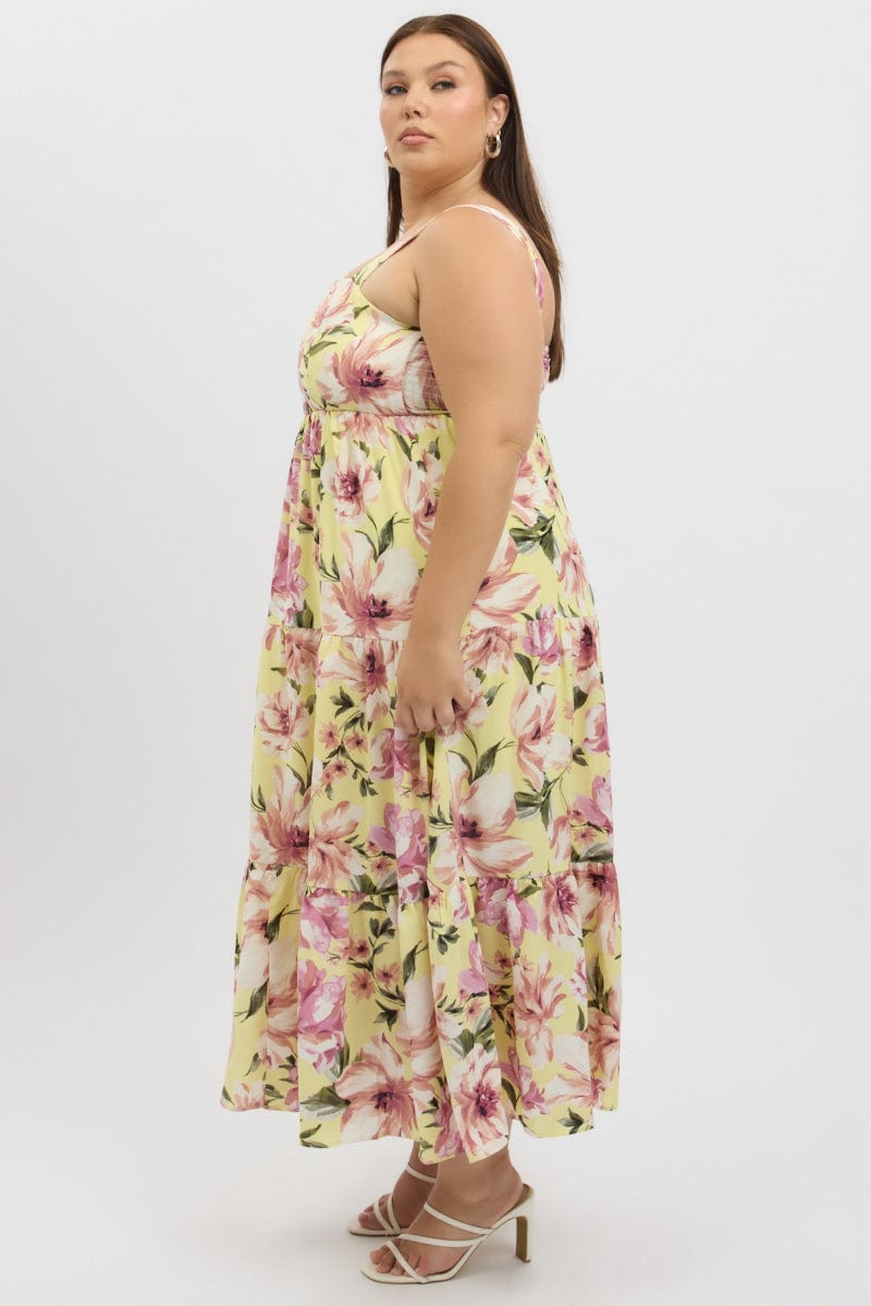 Yellow Floral Maxi Dress Sleeveless Tiered for YouandAll Fashion