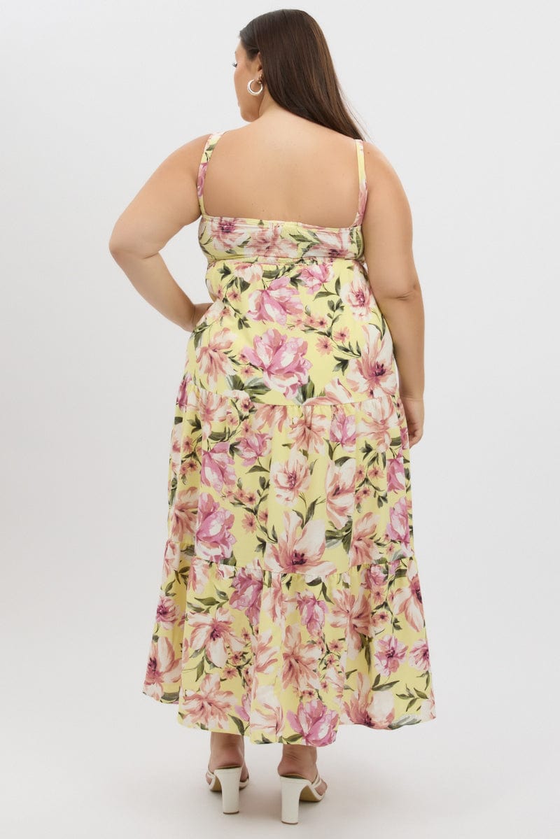 Yellow Floral Maxi Dress Sleeveless Tiered for YouandAll Fashion