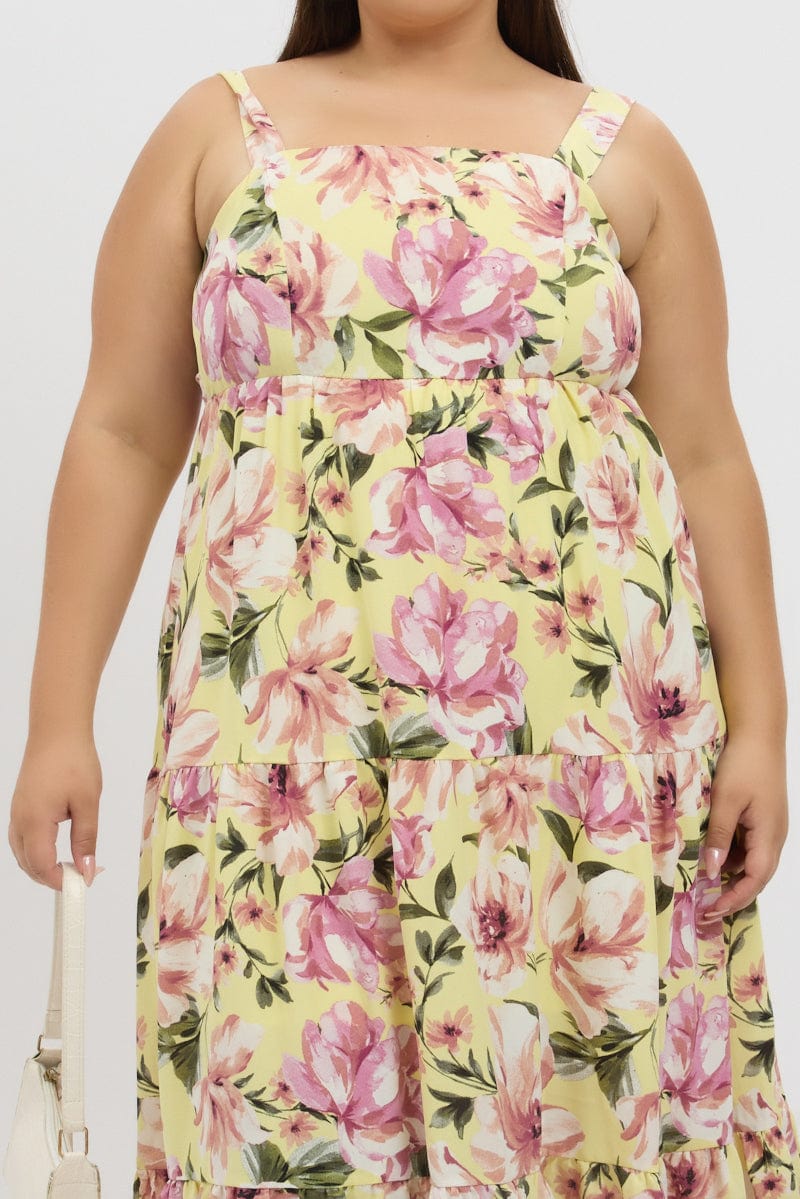 Yellow Floral Maxi Dress Sleeveless Tiered for YouandAll Fashion